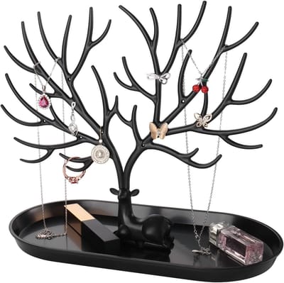 Sieradenstandaard Gewei - Sieradenboom voor Meisjes - 2-in-1 Oorbellenstandaard en Kunststof Sieradenbakje - Sieradenstandaard voor oorbellen, kettingen, armbanden, horloges en sieraden