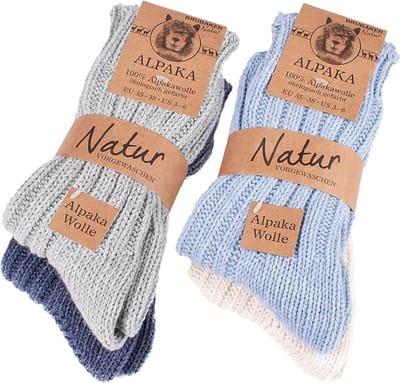 BRUBAKER 4 Paar Alpaca Sokken - Wintersokken Set voor Dames en Heren - Blauw Grijs Beige - Maat 35-38