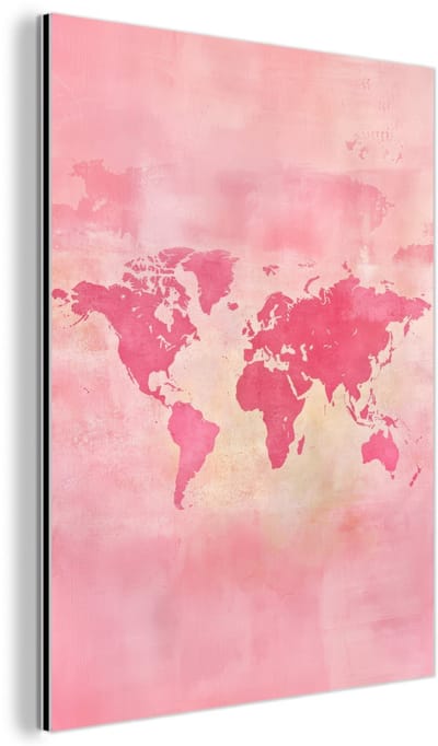 Aluminium schilderij 90x120 cm - Wanddecoratie metaal - Wereldkaart - Roze - Vaag - Metalen muurdecoratie woonkamer - Decoratie industrieel - Foto op dibond - Industriële accessoires slaapkamer