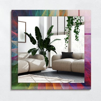 Wallfluent Spiegel - Kleurrijke Abstracte Spiraal Vierkante vorm Spiegel - 60x60 cm - Kleurrijk op gehard Glas - Spiegel met decoratief motief - Inloopkastspiegel - Badkamerspiegel - Toiletspiegel - Make-up Spiegel - Wanddecoratie Spiegel