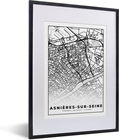 Fotolijst incl. Poster Zwart Wit- Plattegrond - Asnières-sur-Seine - Kaart - Frankrijk - Stadskaart - Zwart wit - 30x40 cm - Posterlijst