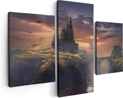 Artaza Canvas Schilderij Drieluik Oud Kasteel op een Heuvel  - 90x60 - Foto Op Canvas - Canvas Print