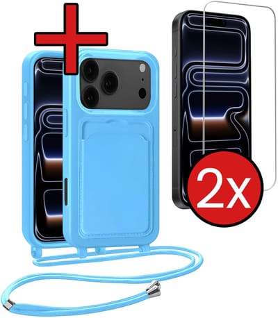 Hoesje Geschikt voor iPhone 17 Pro / 18 Pro Hoesje Met Telefoonkoord en Pasjeshouder Met 2x Screenprotector Siliconen - Hoes Geschikt voor iPhone 17 Pro / 18 Pro Hoesje Met Kaarthouder Case - Lichtblauw