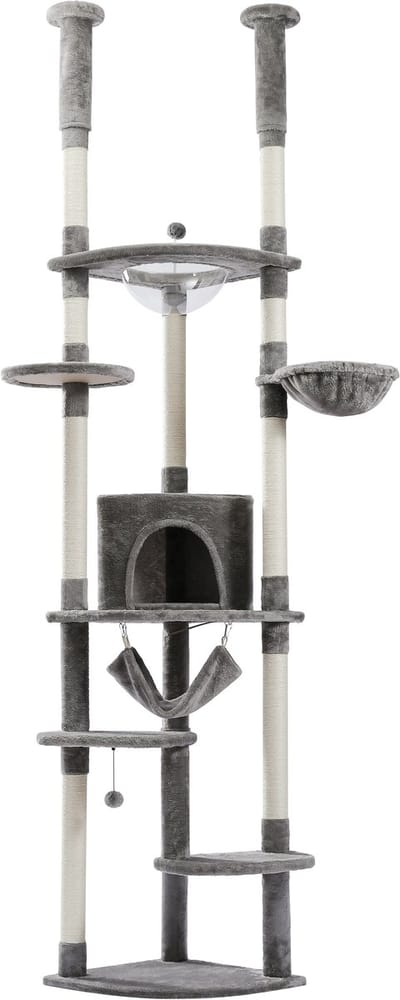 Kattenu DualTower - Hoge Plafond Krabpaal Voor Katten - Verstelbaar van 236-258 cm - Grijs - Krabpaal tot plafond