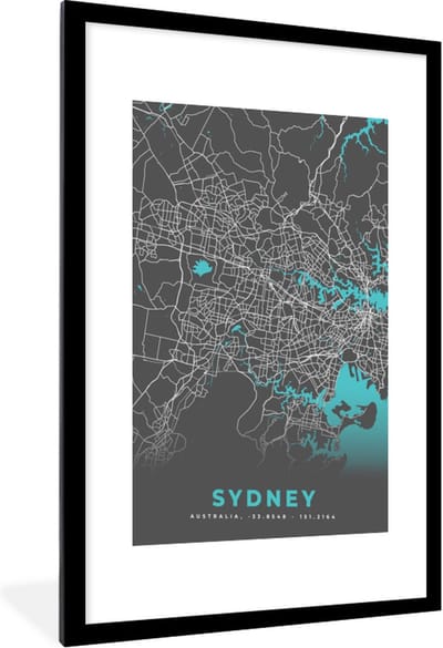 Fotolijst incl. Poster - Sydney - Stadskaart - Plattegrond - Blauw - Kaart - 60x90 cm - Posterlijst
