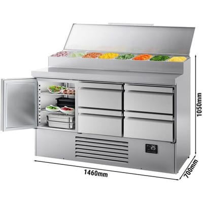 GGM Gastro Zubereitungskühltisch Mini - 1460x700mm - mit 1 Tür & 4 Schubladen - Edelstahlaufsatz 8x GN 1/4