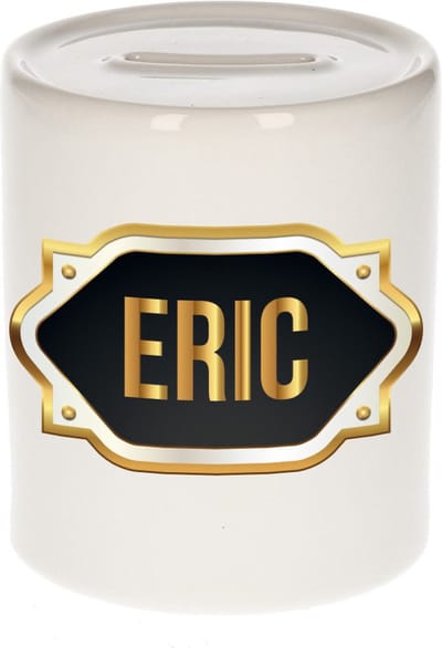 Spaarpot met voornaam Eric - wit - met goud/zwart embleem - 8 x 9 cm - keramiek - met afsluitdop - cadeau verjaardag