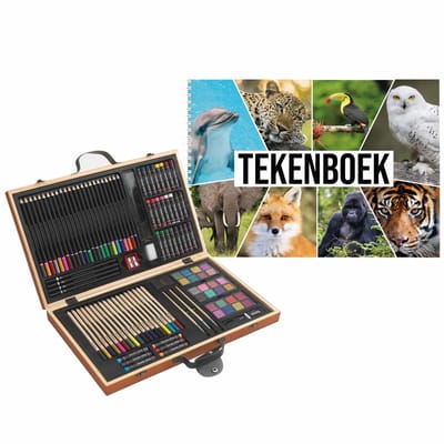 Bellatio Decorations Complete teken- en schilderset 88-delig - A4 schetsboek 50 vellen - Dieren thema - Houten koffer