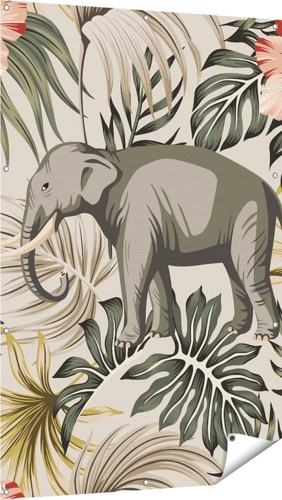 Gards Tuinposter Tropisch Getekende Olifant - Abstract - 100x150 cm - Tuindoek - Tuindecoratie - Wanddecoratie buiten - Tuinschilderij