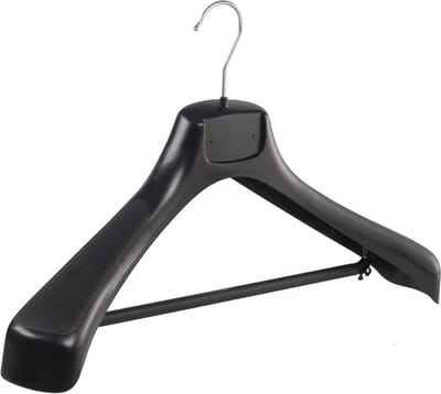 De Kledinghanger Gigant - Mantelhanger - Kostuumhanger - Jassenhanger - Volwassenen - ETR49 - 50 Stuks - Kunststof - Zwart - Gebogen Model - Schouderverbreding 7,4 cm - Broeklat - 49 cm - Kledinghanger - Kleerhanger - ETR-Serie (ETR49/B_00/50)