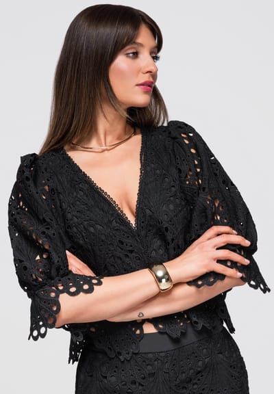 OMBRE Blouse - Slim Fit - Driekwart Mouw - Geen Sluiting Zwart S