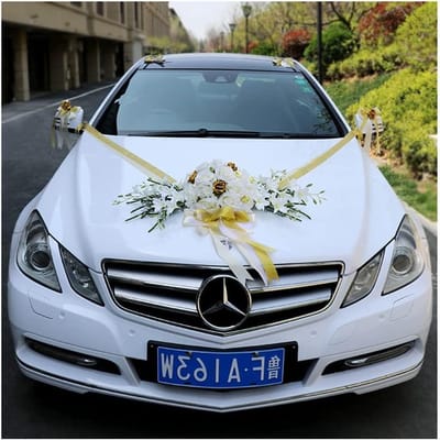 Autoversiering voor Bruiloft met Rozen, Decoratie voor Bruidswagen, Slinger, Bruiloftsauto, Bloem, Strik, Auto, Ratan, Romantische Sfeer in Wit + Goud