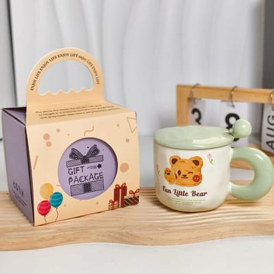 Cartoon Beer Keramische Beker voor Meisjes met Hoge Waarde Waterbeker Mok Souvenir Verjaardagscadeau met Deksel Lepel voor Thuisgebruik 301-400ml