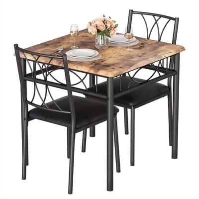 Eettafelset 2 Personen - Vierkante Keukentafel met Stoelen - Voor Kleine Ruimtes - Bruin met Zwarte Stoelen