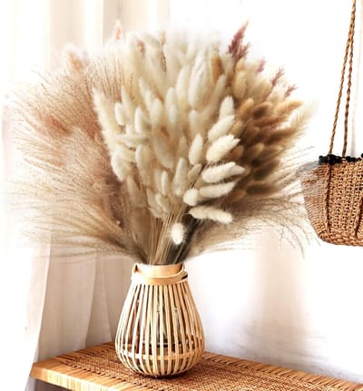Famanu – Natuurlijke gedroogde pampasgras decoratie met riet en konijnenstaarten, boho bloemen voor tafel, bruiloft, slaapkamer en handwerk