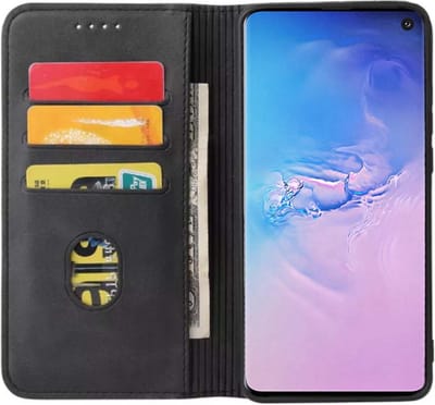 Smartphonica Samsung Galaxy S10 kunstleren hoesje met magnetische sluiting en pashouders book case - zwart geschikt voor Samsung Galaxy S10