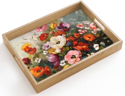 Dienblad hout 40x30 cm - Schootdienblad - Vrolijk boeket - Dynamisch - Subtiele kleurspatten - Borrelplank rechthoek - Plateau dienbladen