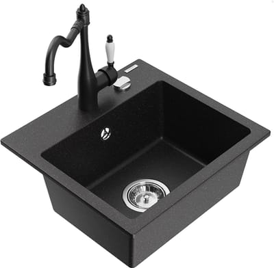 Mexen Milo granieten spoelbak 1-kompartment met keukenmengkraan Carla, zwart/zilver metallic - 6505-73-670700-70