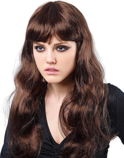 Vegaoo - Lange golvende bruine pruik met pony dames - Zwart - One Size