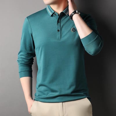 Lente Nieuwe Heren Effen Kleur Polo Kraag Poloshirt Lange Mouw Mode Casual Rechte Pijp Middenleeftijd T-shirt XXXL blue