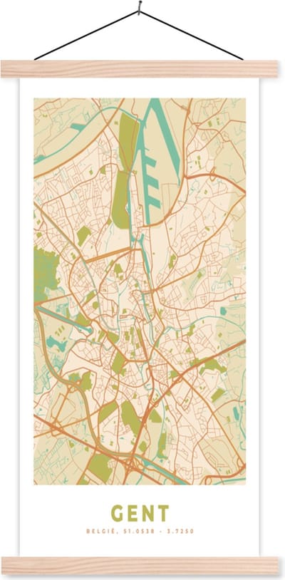 Posterhanger incl. Poster 60x120 cm - Schoolplaat - Gent - Kaart - Stadskaart - Plattegrond - Vintage - Textielposter - Blanke latten - Stadskaart