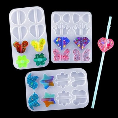 Set van 2 Transparante Siliconen Mallen voor Rietjes met Vlinder, Kroon, Muizenkop en Stervorm - Epoxy Gietmallen voor Creatieve Resin Projecten