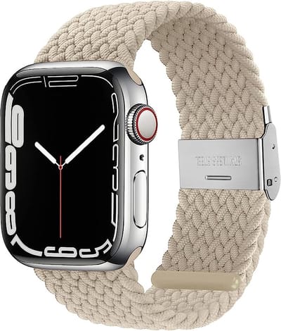 Stravo Gevlochten Nylon Bandje - Geschikt voor Apple Watch 42mm (Series 11/10), 41mm (Series 9/8/7), 40mm (Series 6/5/4/SE 1/2/3), 38mm (Series 3/2/1) - Verstelbaar elastisch Apple Watch Horlogebandje met gesp - Starlight