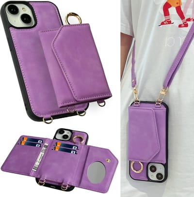 Casemania Hoesje Geschikt voor Apple iPhone 15 - Bright Lila - Luxe Telefoonhoes met Koord - Wallet Case met Spiegeltje en Pasjeshouder - Crossbody Draagbaar Alles-in-één Back Cover