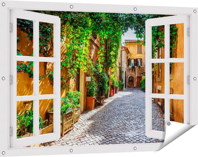 Gards Tuinposter Doorkijk Straatje in Rome met Groene Planten - 120x80 cm - Tuindoek - Tuindecoratie - Wanddecoratie buiten - Tuinschilderij