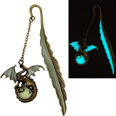 Boekenlegger Draak & Veer – Antiek Goudkleurig | Glow in the Dark | Fantasy Cadeau voor Boekenliefhebbers