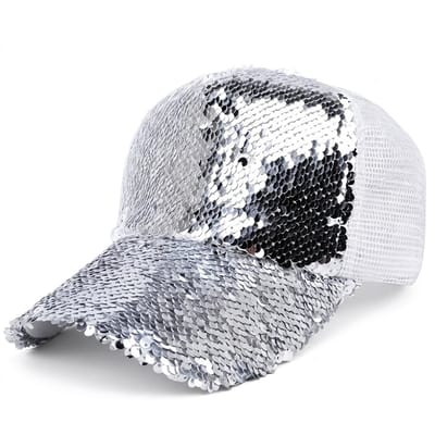 Zilver kleurige pailletten baseball pet dames – glanzende cap met kleurveranderende pailletten en mesh achterkant – verstelbare trucker pet met gebogen klep – opvallende dames pet voor feest en outdoor