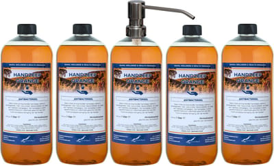 Handzeep Orange 1 liter - set van 5 stuks - met gratis RVS zilverkleurige pomp - Voordeelverpakking