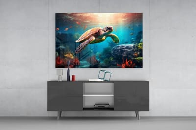 Glasschilderij Zeeschildpad – 110x70 cm – Moderne Wanddecoratie op Gehard Glas