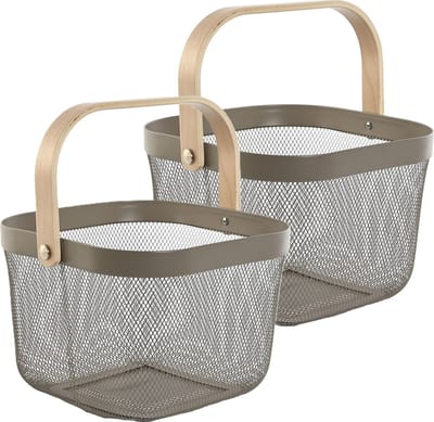 Items draadmand/fruitschaal Maya - 2x - vierkant - grijs - 26 x 26 x 18 cm - metaal/hout - keuken mand