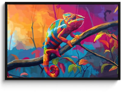 Poster in lijst - Fotolijst 120x80 cm - Posters - Kameleon - Tak - Gestreept - Bladeren - Posterlijst zwart - Decoratie - Wanddecoratie woonkamer - Muurdecoratie slaapkamer