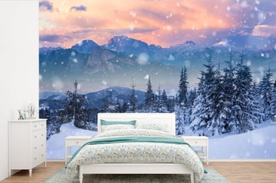 Behang - Fotobehang Sneeuw - Lucht - Bos - Winter - Breedte 360 cm x hoogte 240 cm