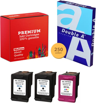 3-pack Geschikt voor HP 301XL Inktcartridges + pak DoubleA papier - Geschikt voor HP Deskjet 1000 - 3510 - HP Envy 4500 - 5530 - Officejet 2620 - 4630