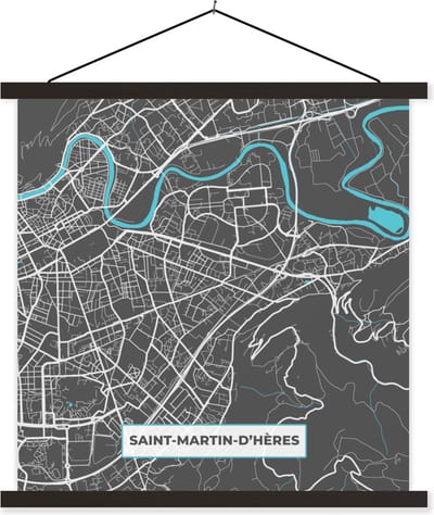 Posterhanger incl. Poster 60x60 cm - Schoolplaat - Saint-Martin-D'Hères - Frankrijk - Plattegrond - Kaart - Stadskaart - Textielposter - Zwarte latten - Stadskaart
