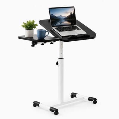 Laptoptafel op Wielen - Verstelbare Hoogte en Kantelbaar Werkblad - Mobiele Bijzettafel voor Bed, Bank en Thuiswerken - met Zijtafel - Zwart