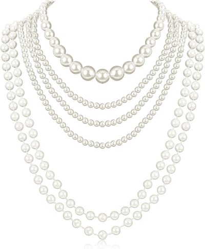 Elegante Lange Neclace van Faux Parels - Vintage 1920s Flapper Stijl, Perfect voor Bruiloften, Feestjes en Gatsby Kostuums, 6 Stuks Accessoires