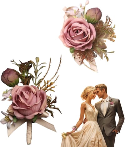 Corsage Polsband Set - Bruiloft Accessoires - Feestelijke Decoratie - Handgemaakte Kunstbloemen - 6x8x6 cm - Cremewit Roze