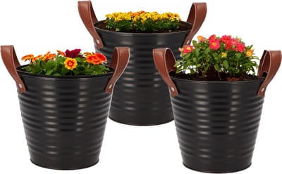 DK Design Plantenpot/bloempot emmer Leather- 3x - zink - zwart - D16 x H15 cm