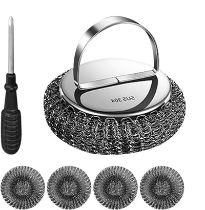 Metalen Schoonmaker Handvat - Staalwol Reiniger - Keuken Reinigen - Verwisselbare Opzetborstels - 9 x 9 x 7.2 cm - Zilver