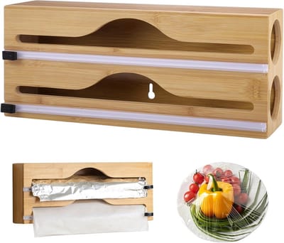 SnelShoppen - 2-in-1 Vershoudfoliedispenser met Snijder, Houten Foliedispenser voor Keuken, Organizer voor Aluminiumfolie, Vershoudfolie en Bakpapier,