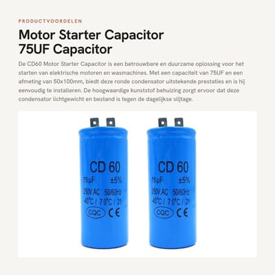 Dailygoods - Motor Starter Capacitor - 75UF Capacitor - Ideaal voor Motoren en Wasmachines - 50x100mm - Duurzaam en Efficiënt - Geschikt voor Diverse...