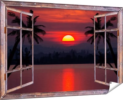 Gards Tuinposter Doorkijk Zonsondergang op het Strand met Palmbomen - 180x120 cm - Tuindoek - Tuindecoratie - Wanddecoratie buiten - Tuinschilderij