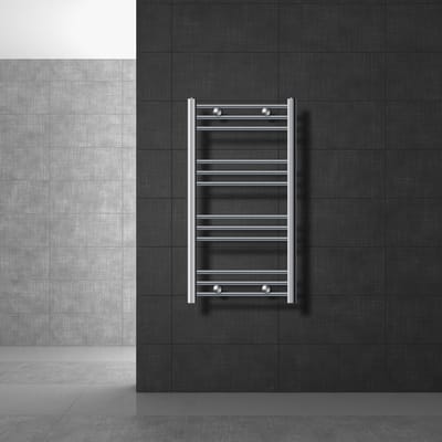 Elektrische badkamerradiator met verwarmingselement 300W 500x800 mm chroom gebogen zijaansluiting & thermostaat LuxeBath