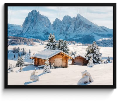 Poster in lijst - Fotolijst 70x50 cm - Posters - Winter - Huisje - Bergen - Uitzicht - Sneeuw - Posterlijst zwart - Decoratie - Wanddecoratie woonkamer - Muurdecoratie slaapkamer