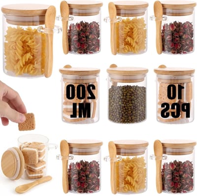 Set van 10 Opslagpotten met Deksel en Lepel, 200ml, Luchtdichte Glazen voor Overnight Oatmeal, Specerijen en Maaltijdvoorbereiding, Stapelbare Potten voor Ontbijt en Snacks