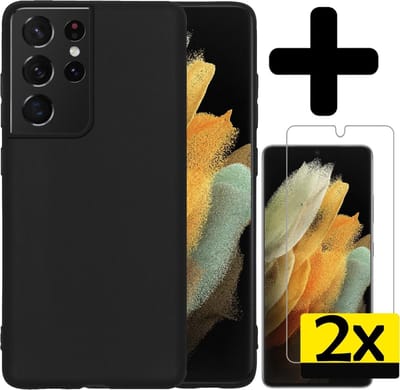 Hoesje - Met 2x Screenprotector - Geschikt voor Samsung Galaxy S21 Ultra - Sterk & Shockproof - Back Cover - Siliconen Case - Telefoon Hoes - Telefoonhoesjes - Zwart